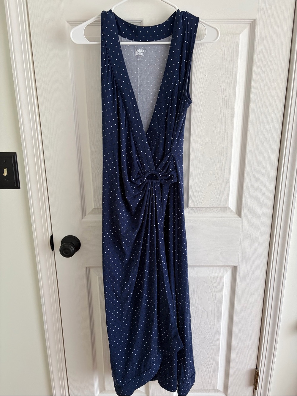 Lands' End Navy and White Polka Dot Sleeveless Maxi Dress